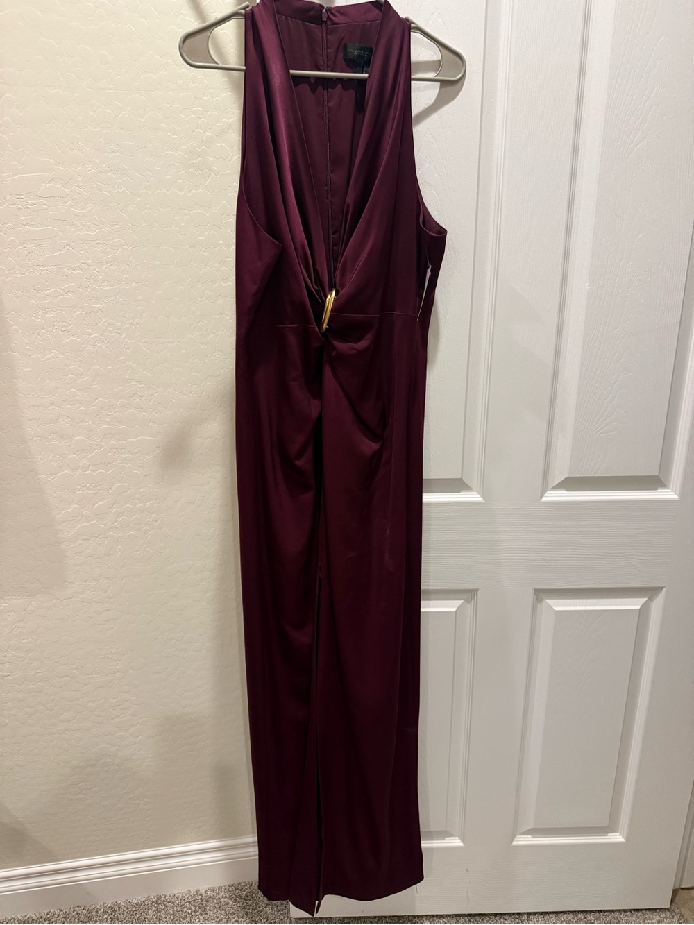 Sleeveless Burgundy Evening Dress with Gold Front Knot Detail